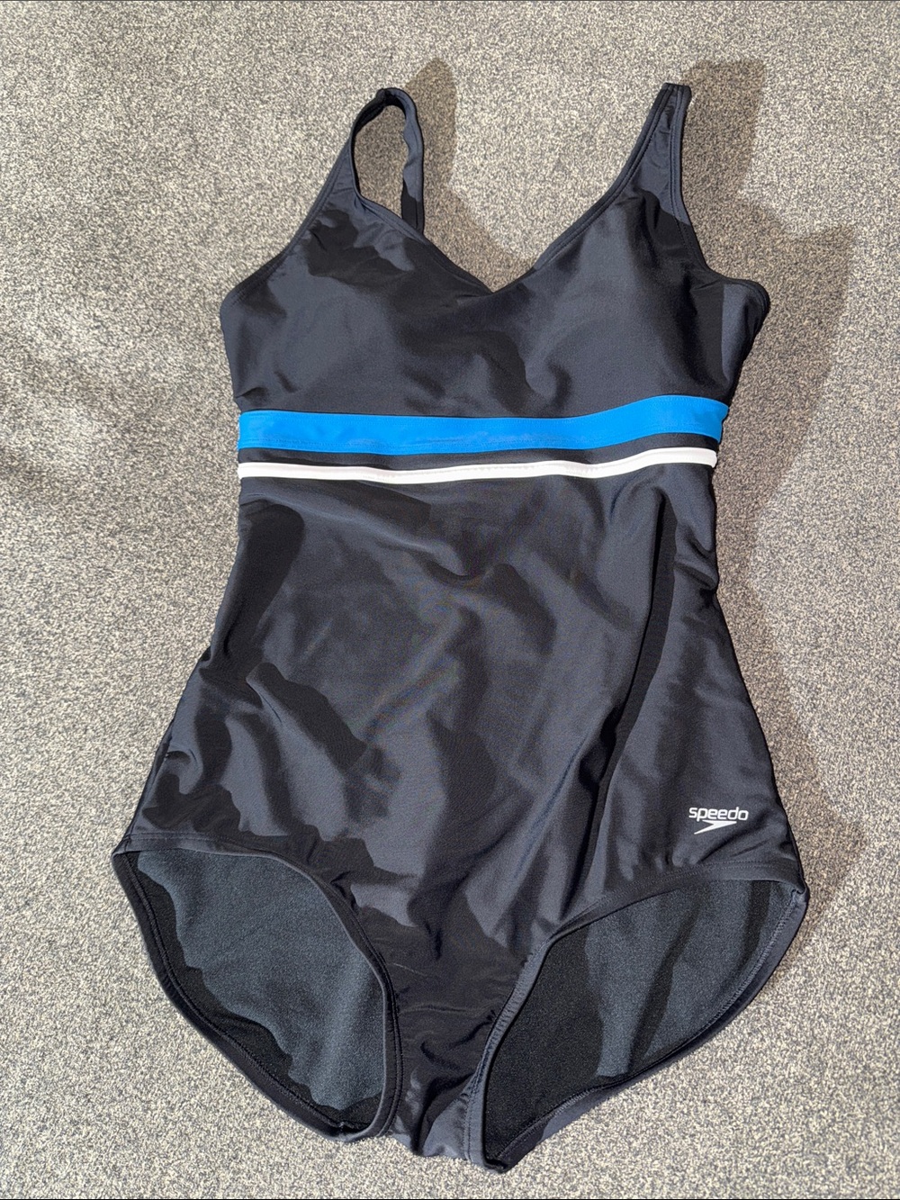 NWOT Speedo Black One-Piece Swimsuit with Blue and White Waist Stripes